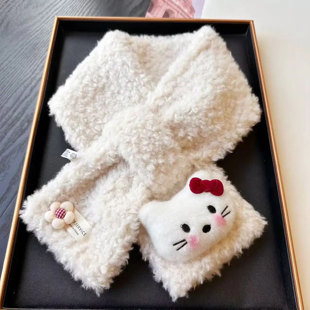 مرحبا كيتي رقيق الأزياء الكورية الكرتون لطيف القط صوف الضأن الصليب وشاح تلميذة الشتاء وشاح دافئ ومقاوم للرياح