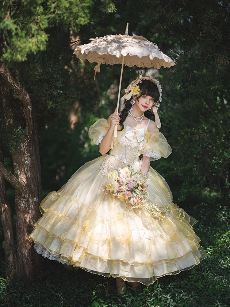 Zomer Japanse Gele Lolita Jsk Jurk Sweet Lolita Straped Jurken Dames Strik Jsk Vrouwen Lace Loli Kawaii Trouwjurk