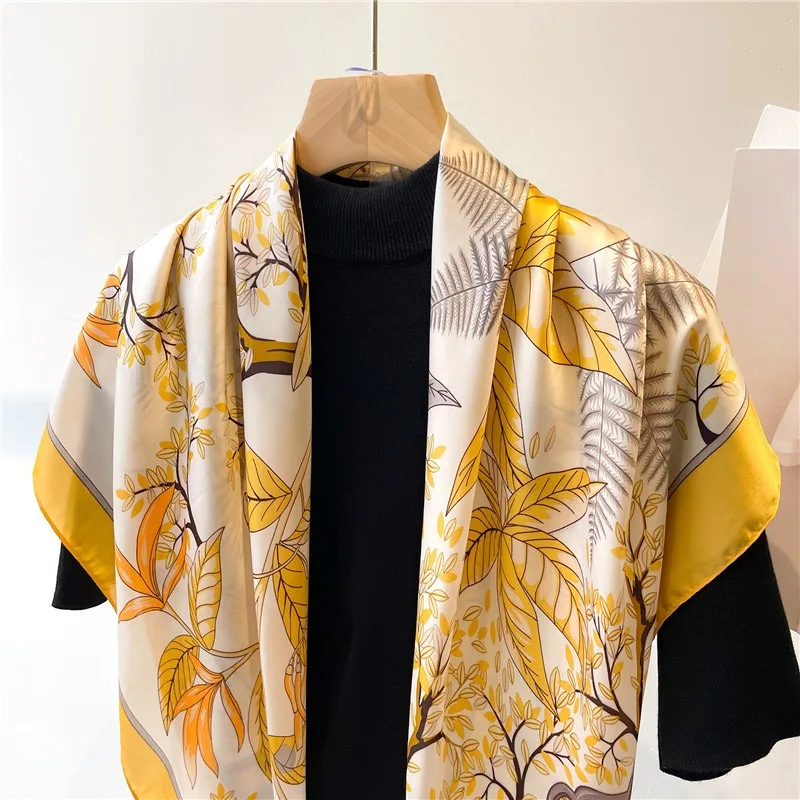 1pcs 70cm Fallen Leaf Autumn Yellow Silk Scarf for Women Simulated Silk Elegant Fresh and Versatile Headwear and Clothing