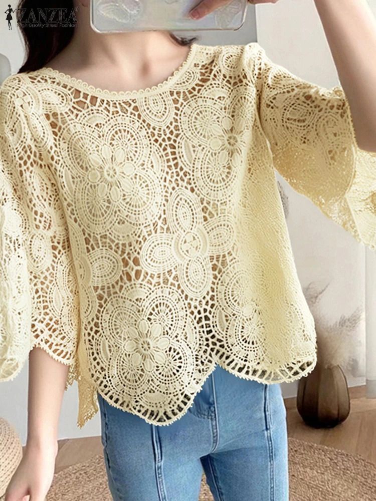 

ZANZEA Hollow Out Summer Blouse Lace Solid Tops Women 2025 Fashion Beach Seethrough Pullovers 3/4 Sleeve Solid Color Blusas