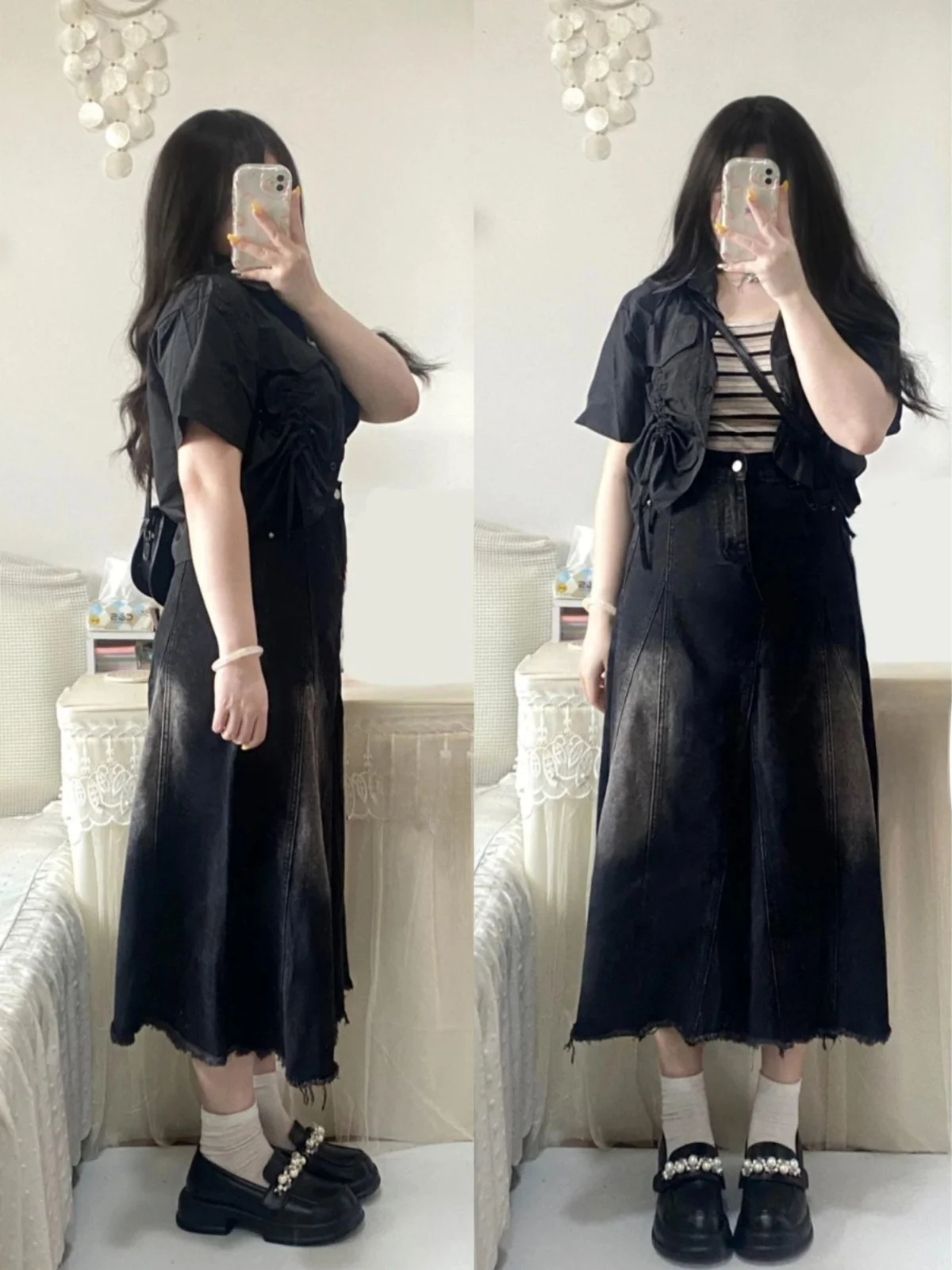 تنورة جينز ميدي بخصر عالٍ وقصة A للنساء ذوات المقاسات الكبيرة، تصميم يناسب الجسم على شكل كمثرى، حافة منسلة بأسلوب كوري، تنورة...