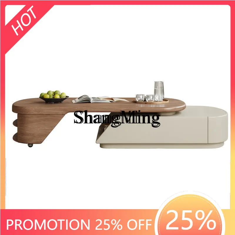 

CL wheel telescopic walnut coffee table home small apartment multi-functional rectangular travertine