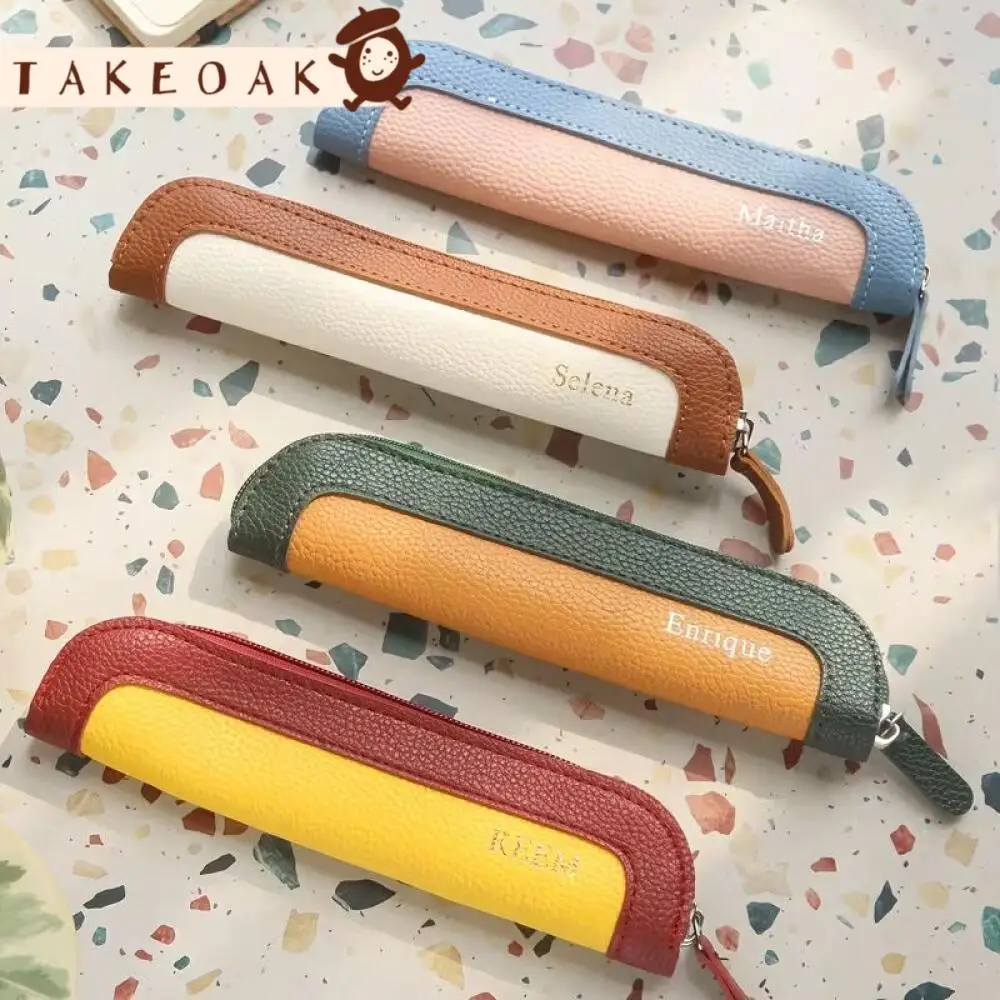 Personalized Custom Name Two Color Pu Pen Case Mini Zipper Stationery Pouch Travel Makeup Brush Storage Bag Holiday Gift