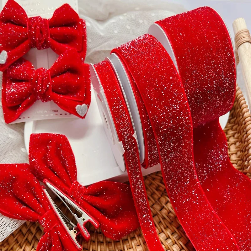 6/10/20/38mm christmas Velvet bow gift ribbon packaging DIY new year Red Velvet Gold Glitter Festival  Ribbon for decorationDD14