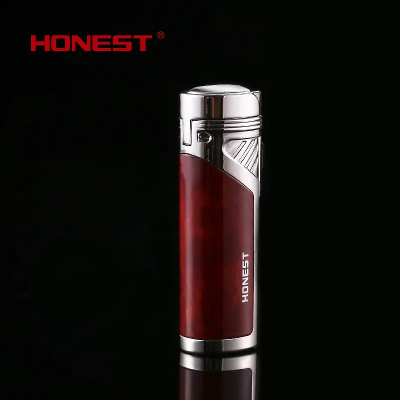 HONEST Creative Metal Outdoor Windproof Butane Gas Lighter Turbo Four Torch Straight Jet Red Flame Multifunctional Cigar Lighter