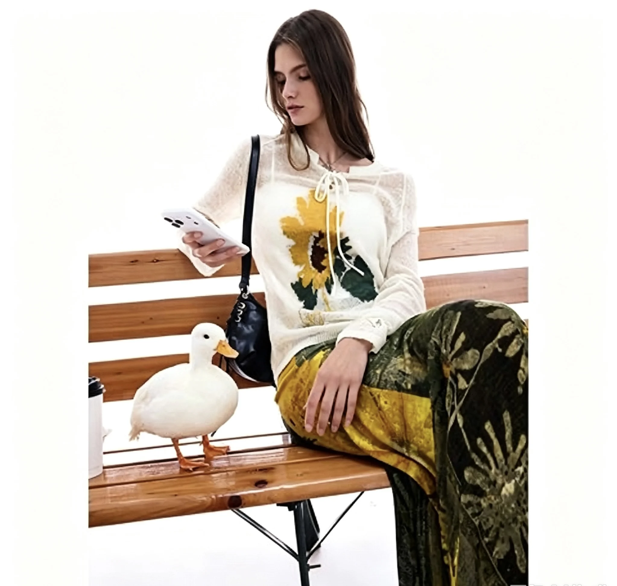 Spanish original single women's knitted sweater style sunflower jacquard lace up V-neck thin top