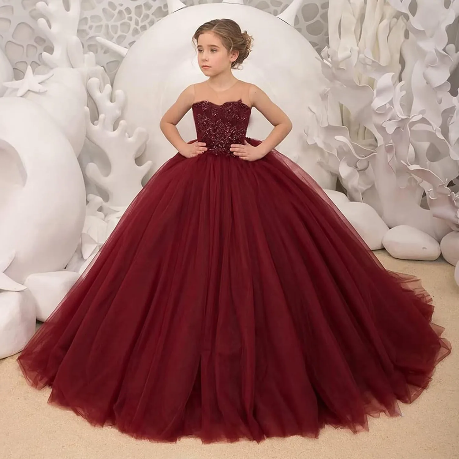 

Elegant Ball Gown Baby Flower Dresses Appliques Tulle Court Train Scoop Neck Princess Prom Birthday Party Gowns