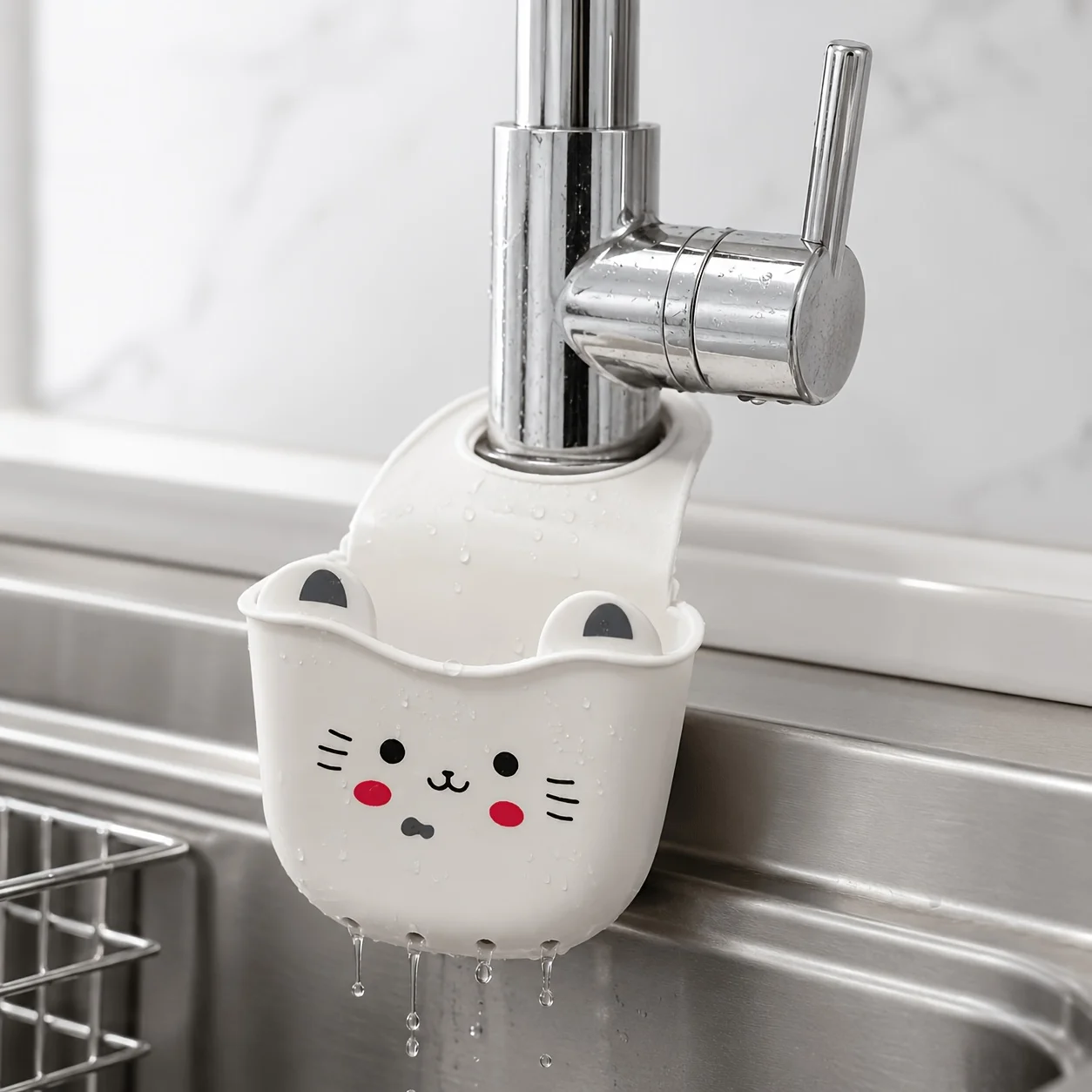 1Pc Cute Cat Silicone Faucet Caddy with Drain Hole Sponge Storage Holder Space Saving Organizer for Kitchen Bathroom Decorative