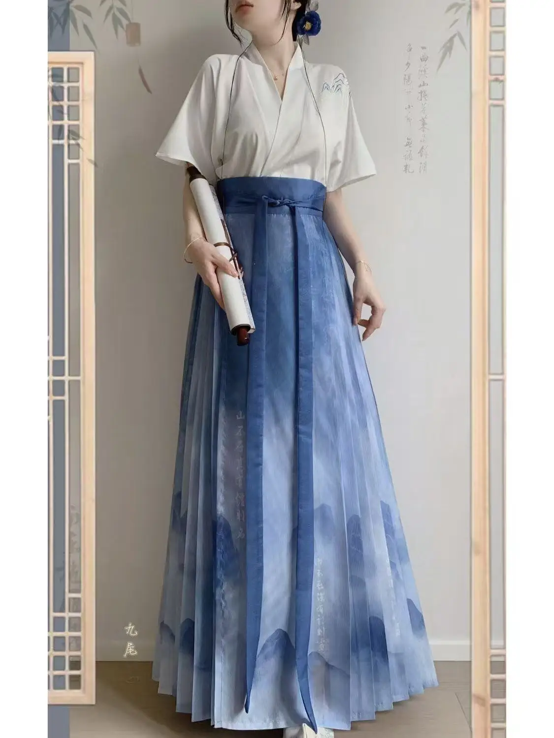 

Ming Dynasty Printing Dyeing Hanfu Traditional Chinese Horse Face Skirt Upgraded Short Sleeve Carnival Event Photography Costume