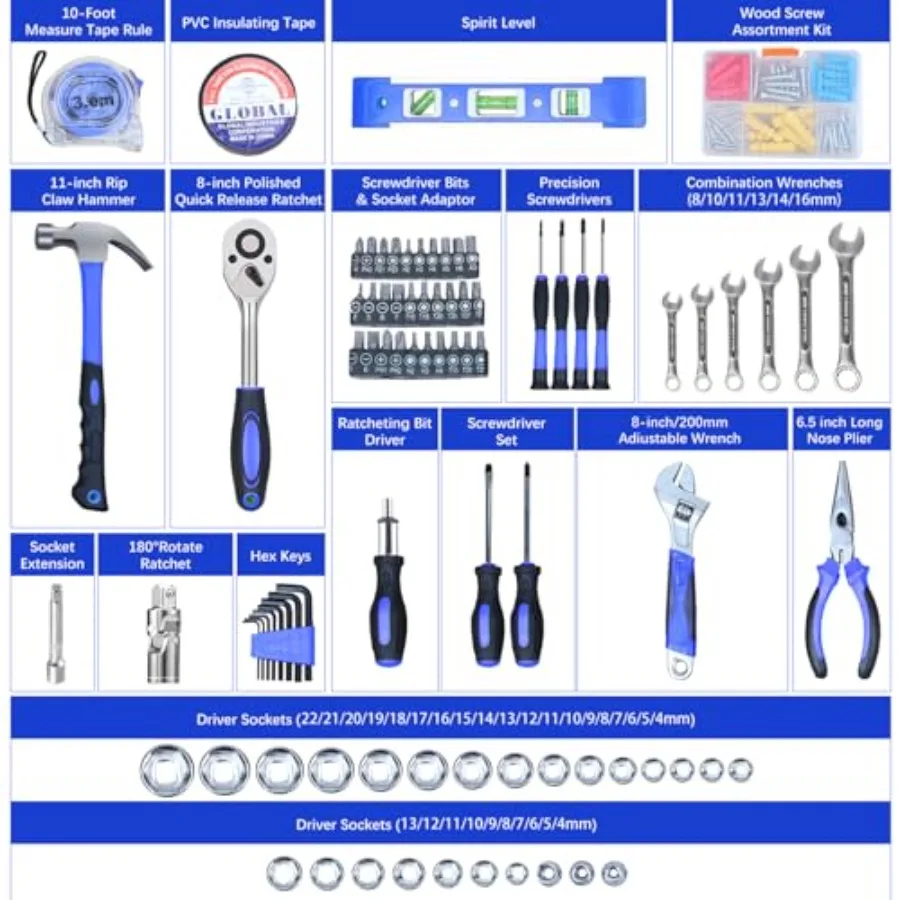 146ピースメトリックホームツールキット、ポータブルツールボックス付き、家庭修理、自動車メンテナンス、DIYプロジェクト用、包括的なハンド