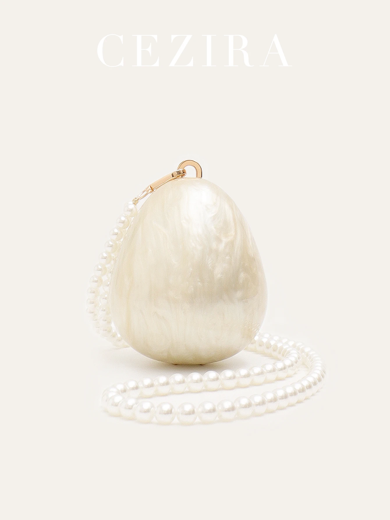 

CR Women's Elegant Clutch Evening Bag Pear Shaped Acrylic Hard-case Handbag Wristlet Strap Long Pearls Chain Cross body Purse