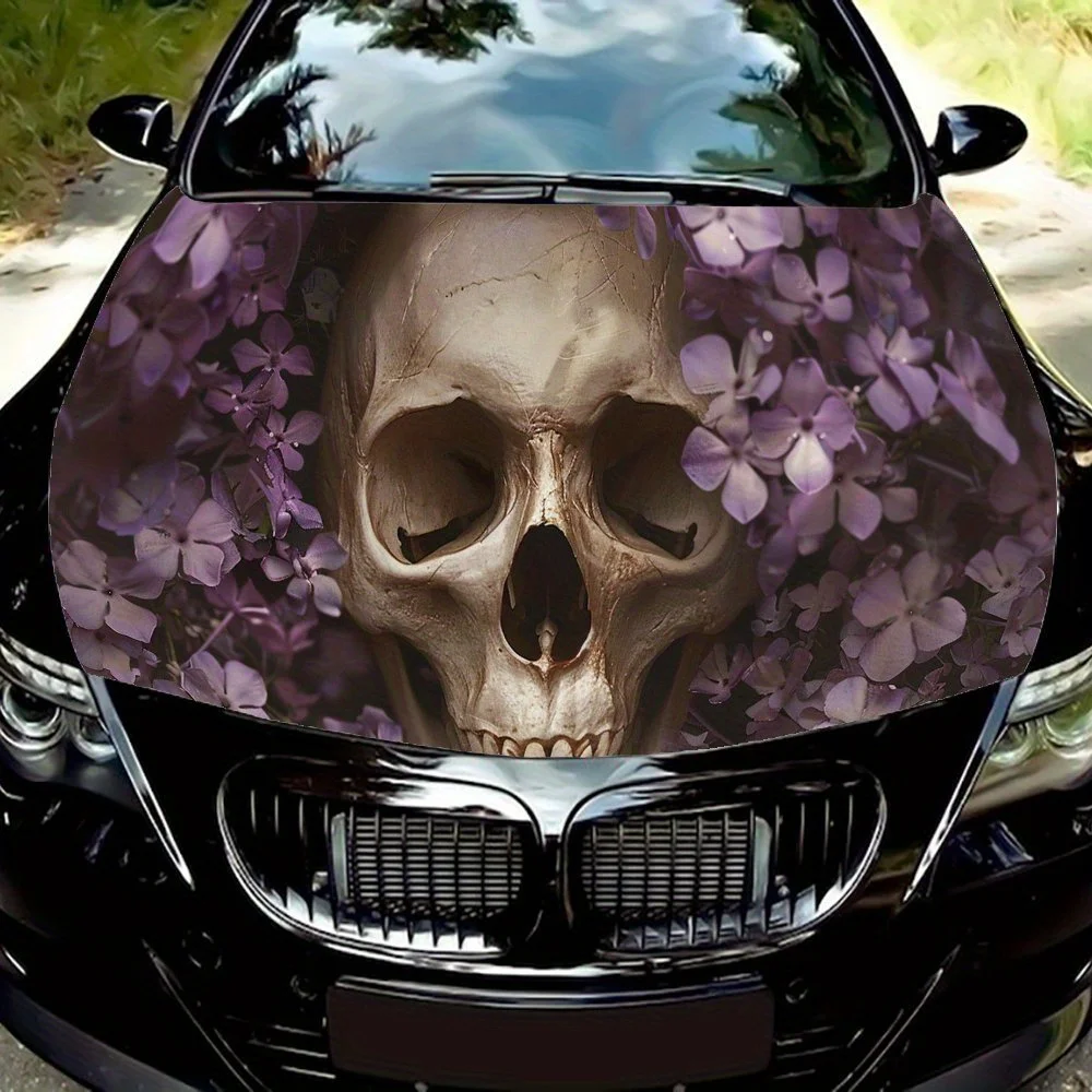 

White Skull, Purple Flowers, Atmospheric Feeling Car Hood Decal Sticker Wrap Vinyl Film Car Hood Protective Film Gift Self-adhes