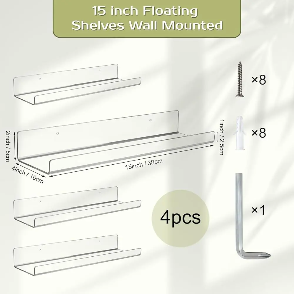 Acrylic Clear Shelves - 4 Pack, 15 Hes Wall Storage Organizer Floating Shelf For Bathroom, Bedroom, Kitchen Variety Room, High