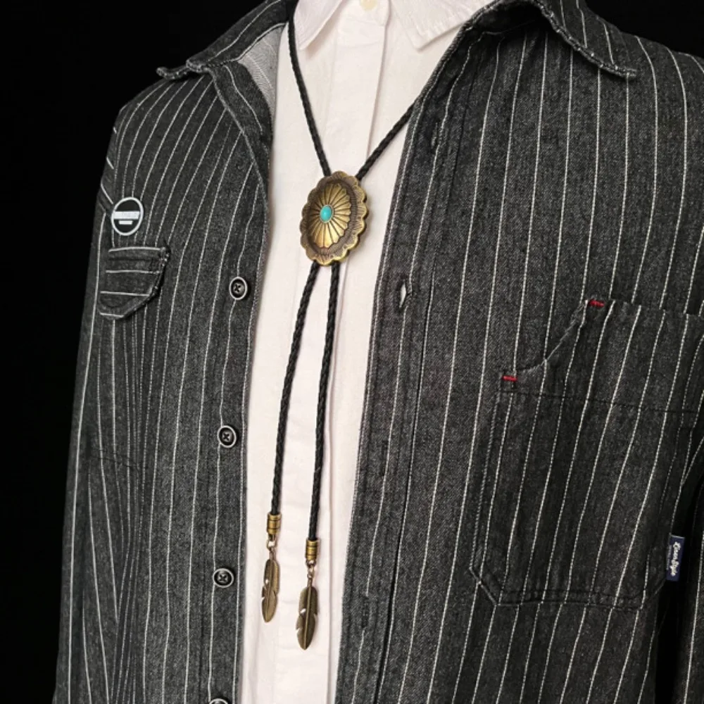 PU Woven Rope Indian Western Cowboys Bolo Tie Western Country Style Vintage Turquoise Bolo Tie Ethnic Style Sweater Chain