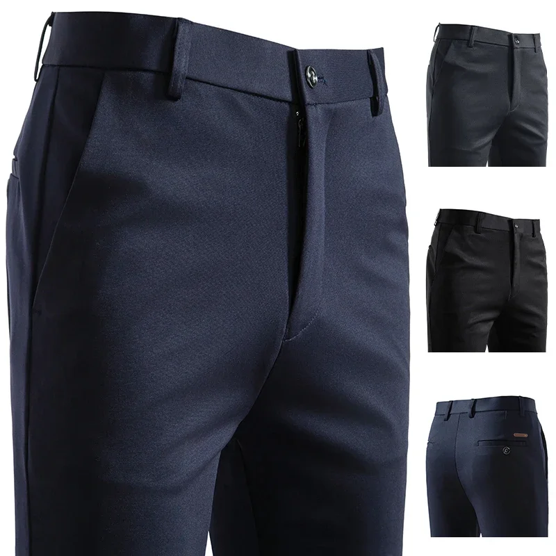 Decorative Tag Waistband Male Business Slacks Tailored Straight Cut Soft Smooth Woven Material Formal Meeting Daily Long Pants