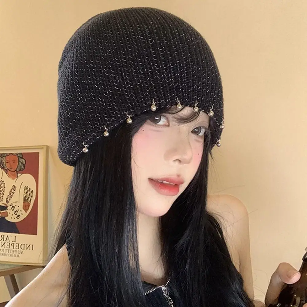 Cute Nail Beads Decorative Beanies Warm Cap Wool Hat Sequin Knitted Hat Black Korean Knit Cap Apparel Accessories