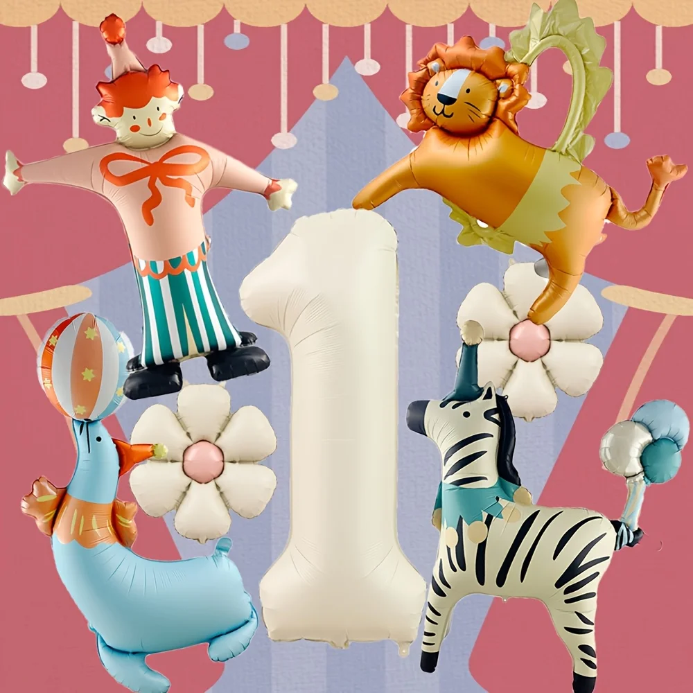 7 Stück Zirkus-Themenballon, cremeweiß, Nummer 1–9, Geburtstagsballon-Set, Seelöwe, Tiger, Zebra und Clown-Luftballons, Party-Dekoration