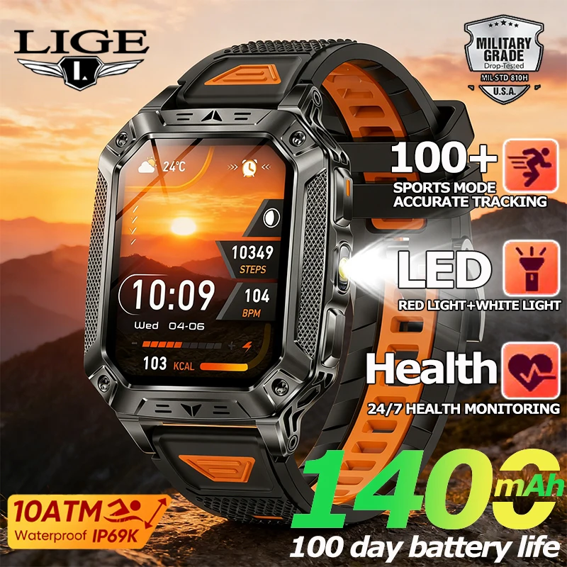 

LIGE Outdoors Durable Men Sports Smart Watch 1400mAh Battery LED Flashlight IP69K Waterproof Bluetooth Call Military Smartwatchs
