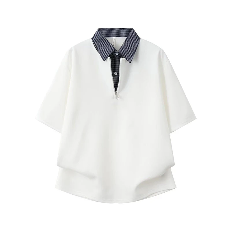 Men's American Style Half-Zip Polo Shirt Plaid Collar Patchwork Fake Two Pieces Loose Short Sleeve Summer Casual T-Shirt