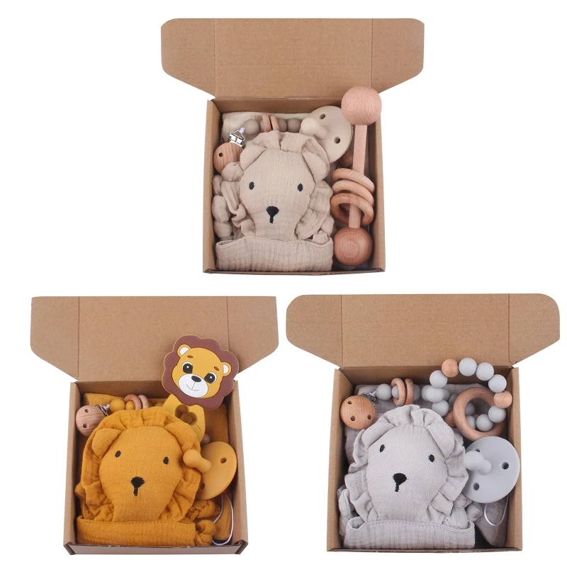 

Newborn Gift Box Set Cartoon Lion Baby Pacifier Pacifier Chain Appease Towel Bib for Infant Baby Boys Girls Gift Set