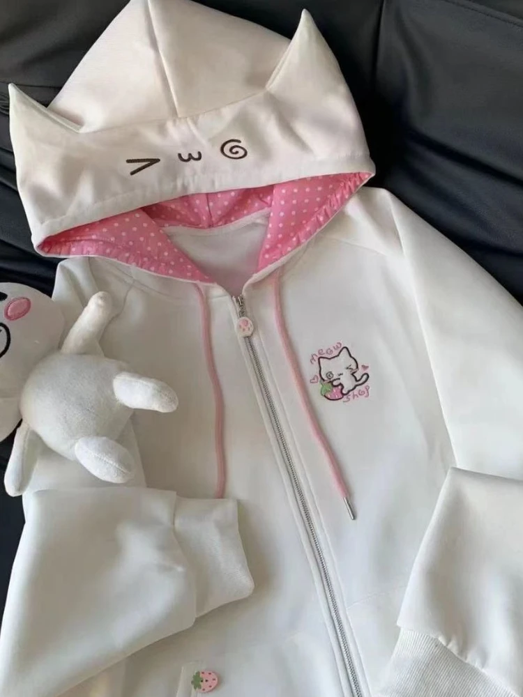 Maglione con cappuccio patchwork con ricamo gatto femminile autunno nuovo cardigan giapponese Kawaii cappotto allentato cerniera da donna vestiti dolci adorabili