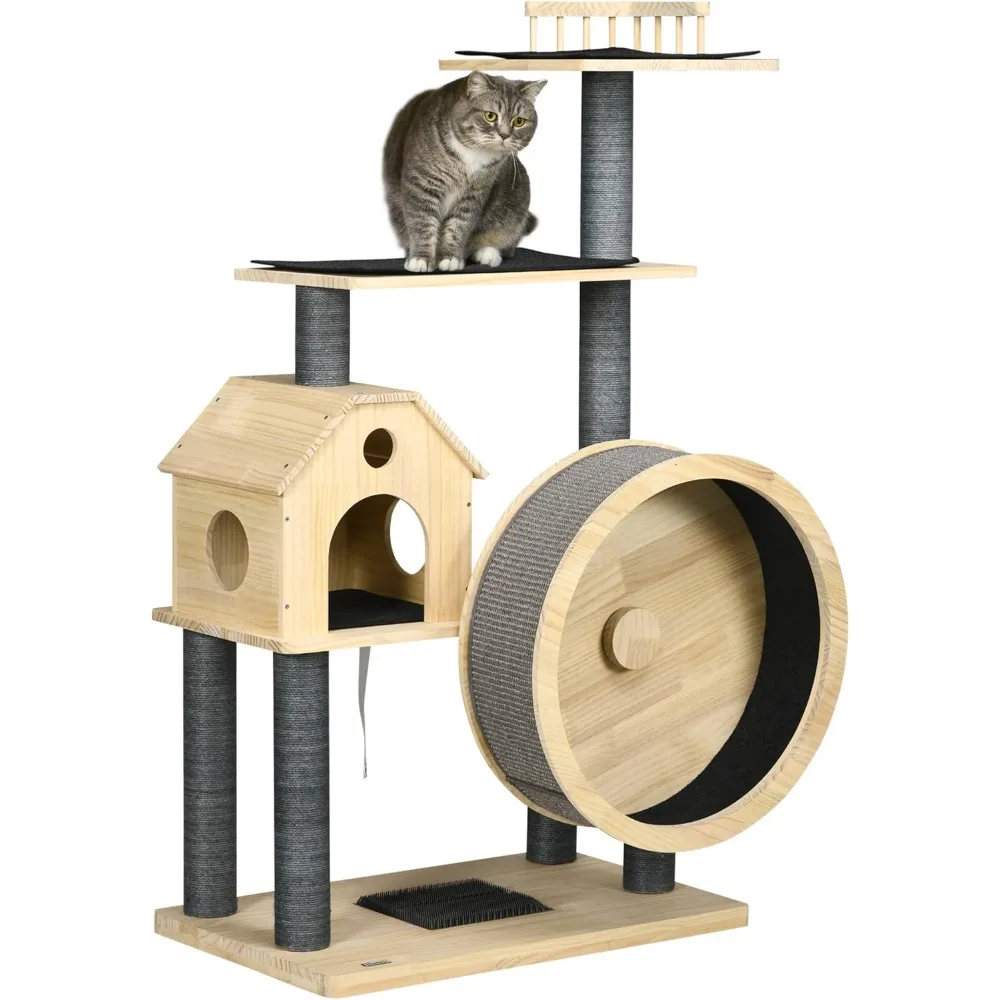 

LUCK PawHut 56" Cat Tree Activity Condo Luxury Pine Wood With Hamster-Wheel, Sisal Scratching Posts, Elevated Perches, & Roomy