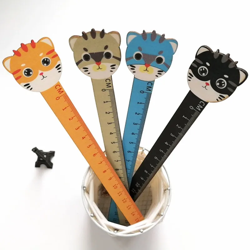 1Pcs Cartoon cat Straight Ruler Patchwork Wood Rulers Drafting Stationery School Supplies length 15CM