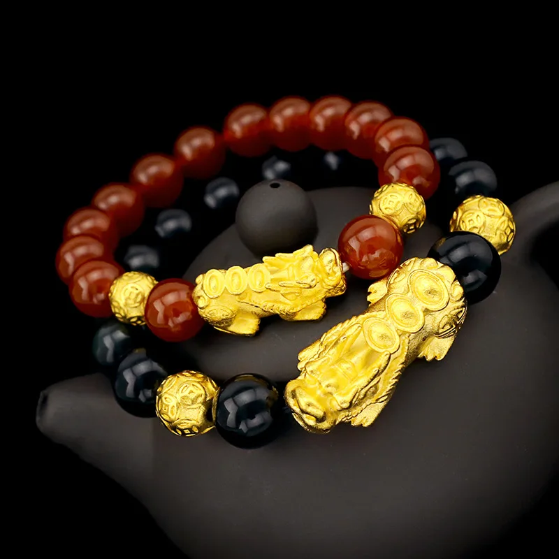 

Couple Style Bracelet 9999 24K Real Gold for Wealth Attraction and Transportation Three Gold Ingots Pixiu Bracelets Men Women