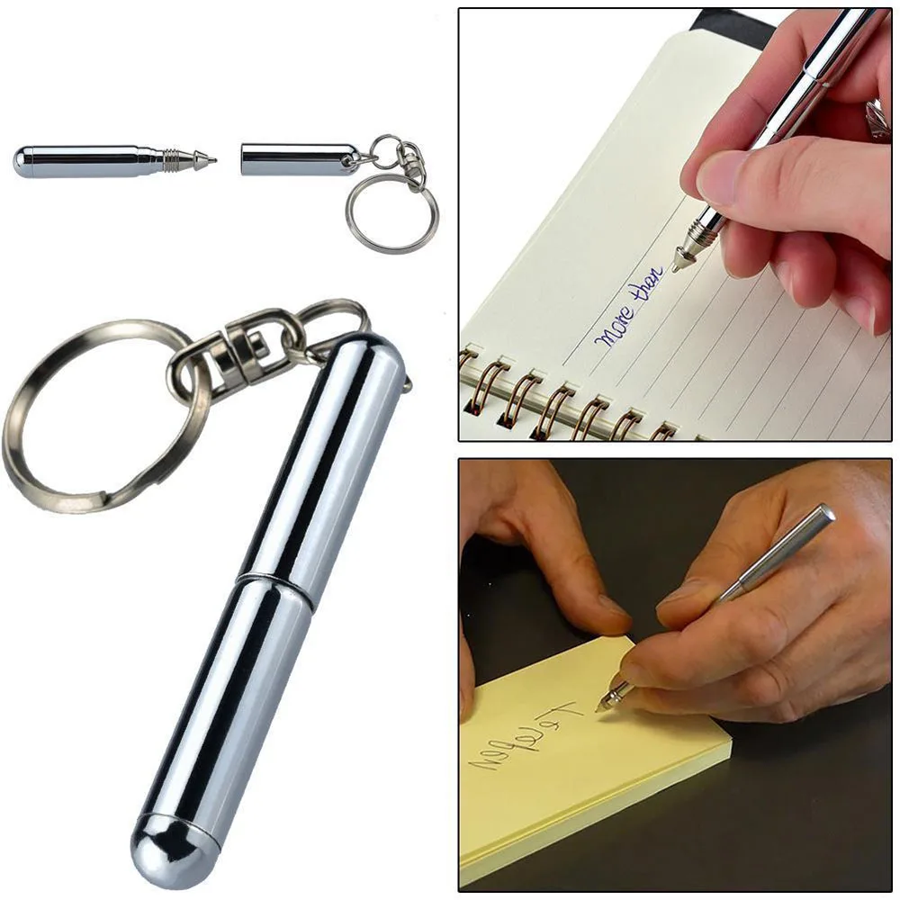 Stainless Steel Retractable Pen Metal Keyring Portable Telescoping Tool Ballpoint Pen Keychain Pendant Decor Gift Key Ring