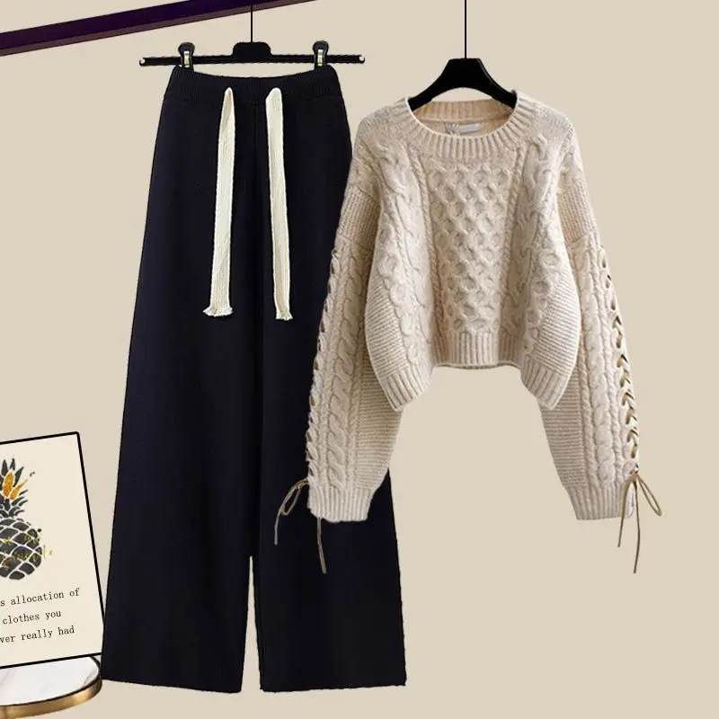 Conjunto de dos piezas para mujer, suéter de punto con temperamento y pantalones de pierna ancha informales, a la moda, Otoño e Invierno