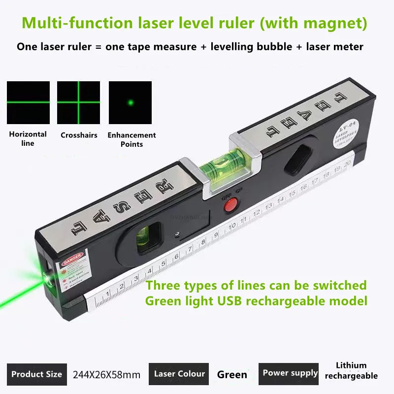 Laser Level Magnetic Level Ruler Angle Meter Vertical Horizontal USB Charging Balance Spirit Level Ruler for DIY Home Decoration