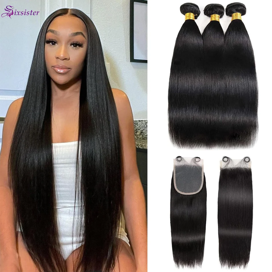 

Human Hair Straight Bundles with Closure Brazilian Virgin Hair Natural Color 3 Bundles with 4x4 Lace Closure Straight 3 Bundles