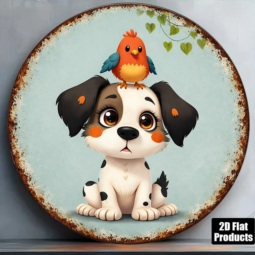 2D Flat, 1pc 8x8in/20x20cm 2D Flat Round Aluminum Sign, Vintage Aluminum Plaque Featuring a Cute Puppy and Bird, Cartoon Animal
