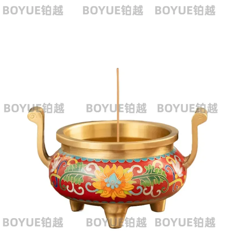 Pure Brass Filigree Enamel Incense Burner Antique Style Indoor Home Decor Aromatherapy Censer Plate Traditional Offering