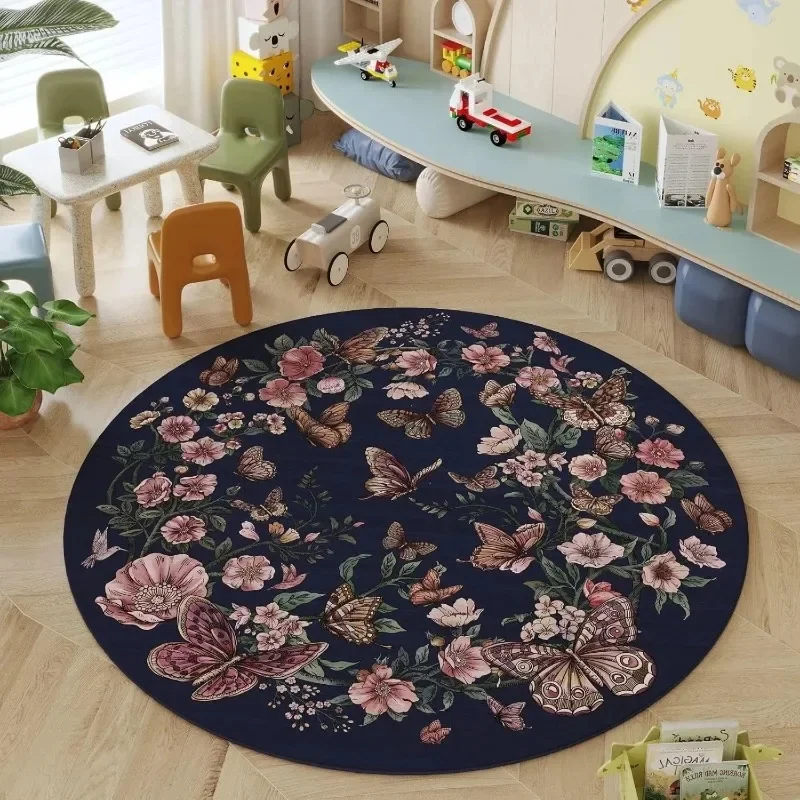 Round European Pastoral Rug with Floral & Butterfly Motifs – Soft Anti-Slip Home Decor for Bathroom Entryway