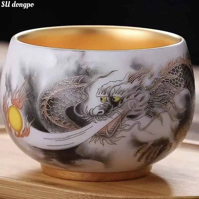 Gilded Auspicious Dragon Spitting Beads Single Cup Chinese Style Sheep Fat Jade Tea Cup Luxury and Retro Business Gifts