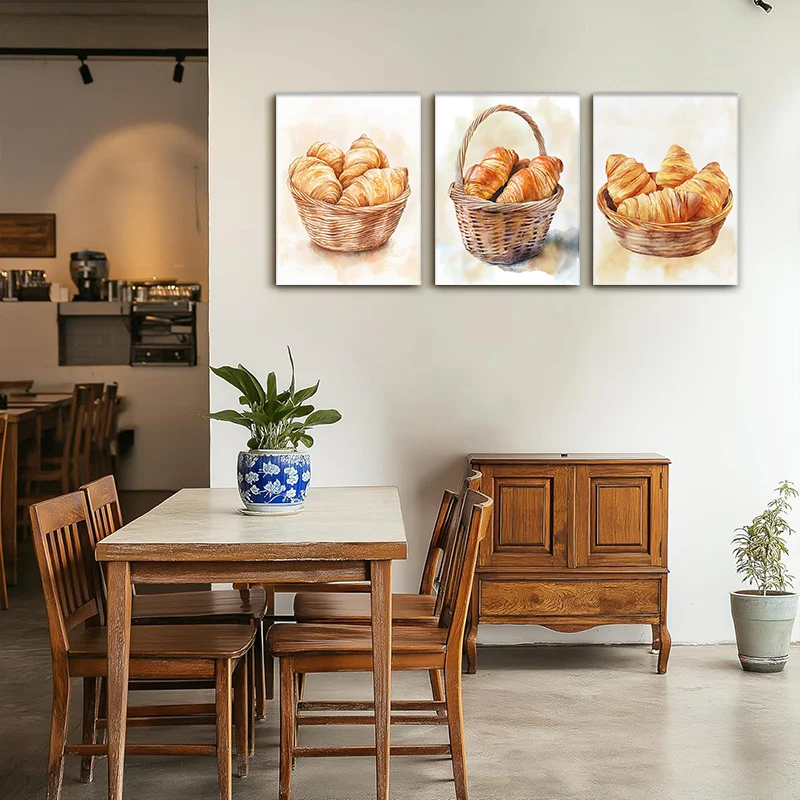 2D Flat, 3pcs Vertical Rustic Croissant & French Bakery Art Set - Modern Farmhouse Kitchen Wall Decor, Golden Pastry Painting