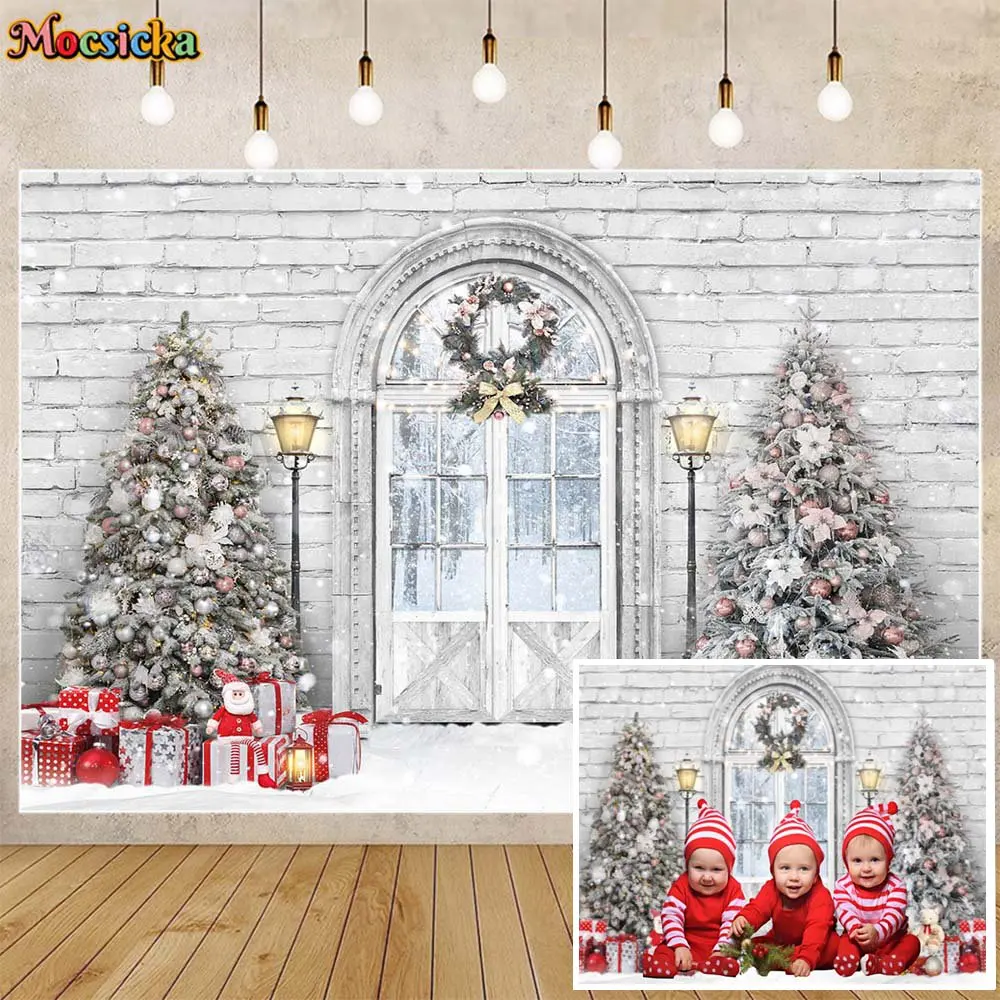 

Mocsicka Christmas Backdrop White Brick Wall Window Xmas Tree Gift Box Winter Snow Baby Kids Photo Background Photo Studio Props