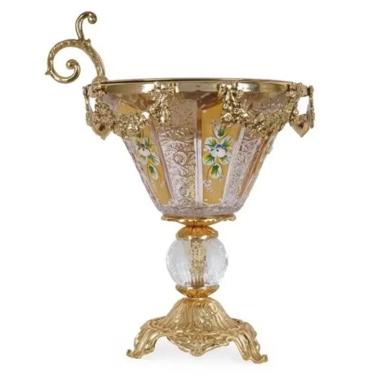 Golden brass incense burner, crystal base floral hand-painted details and ornate decorative handle