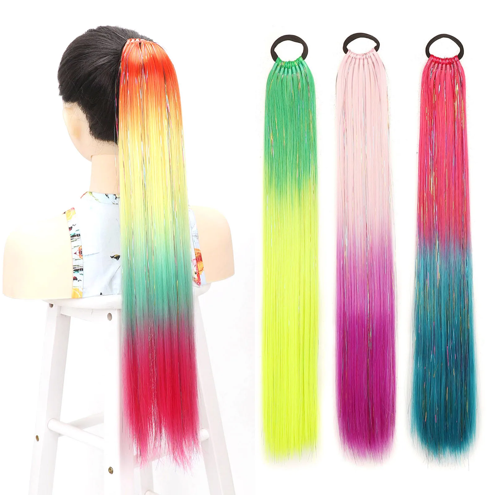 Queue de cheval colorée synthétique pour filles, extension de cheveux, clinquant scintillant, bandes de caoutchouc, postiche colorée