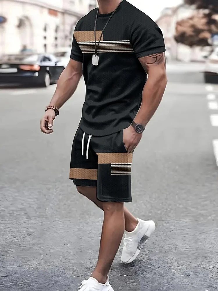 3D Printing Men\'s Suit Daily Casual Fashion Loose Summer Street Comfortable Short Sleeves Trend Sports Shorts Novelty Striped