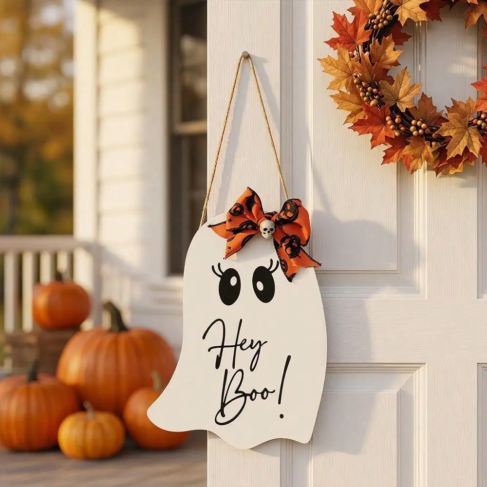 Halloween Wooden Hanging Sign Cute Ghost Jack O Lantern Pumpkin Door Hanger With Bow Spooky Boo Wall Decor Outdoor Porch Home Ornament