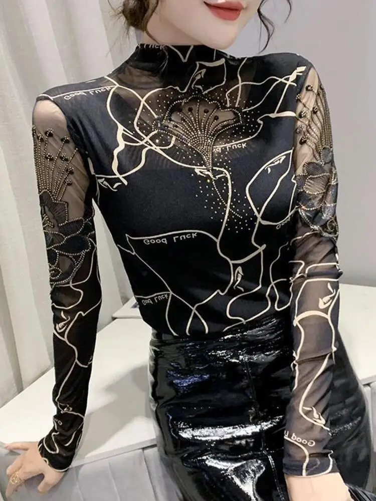 女性用ハイネックメッシュトップ,ダイヤモンドトップ,おそろいのインナーTシャツ,ウエスタンスタイル,レース,新しい秋のコレクション2022