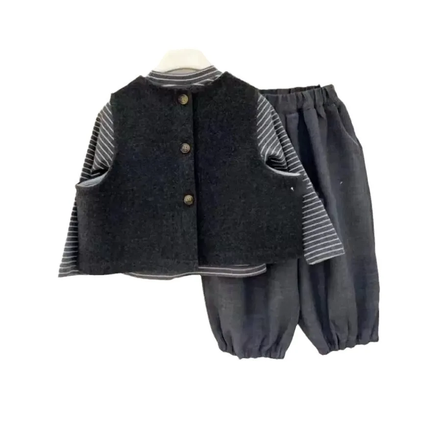 Boys Girls\' Clothing Set Wool Vest+Long Sleeve Striped Bottom Shirt+Casual Pants Autumn/Winter New 3Pcs Korea Siblings Suit