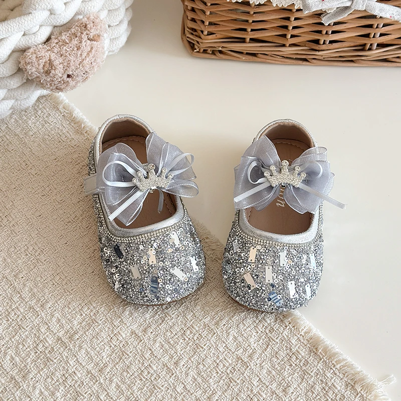 

Toddler Girls Sparkly Sequins Leather Shoes with Shiny Bow 2026 New Spring Kids Dress Shoes Soft Sole Comfort Princess Party