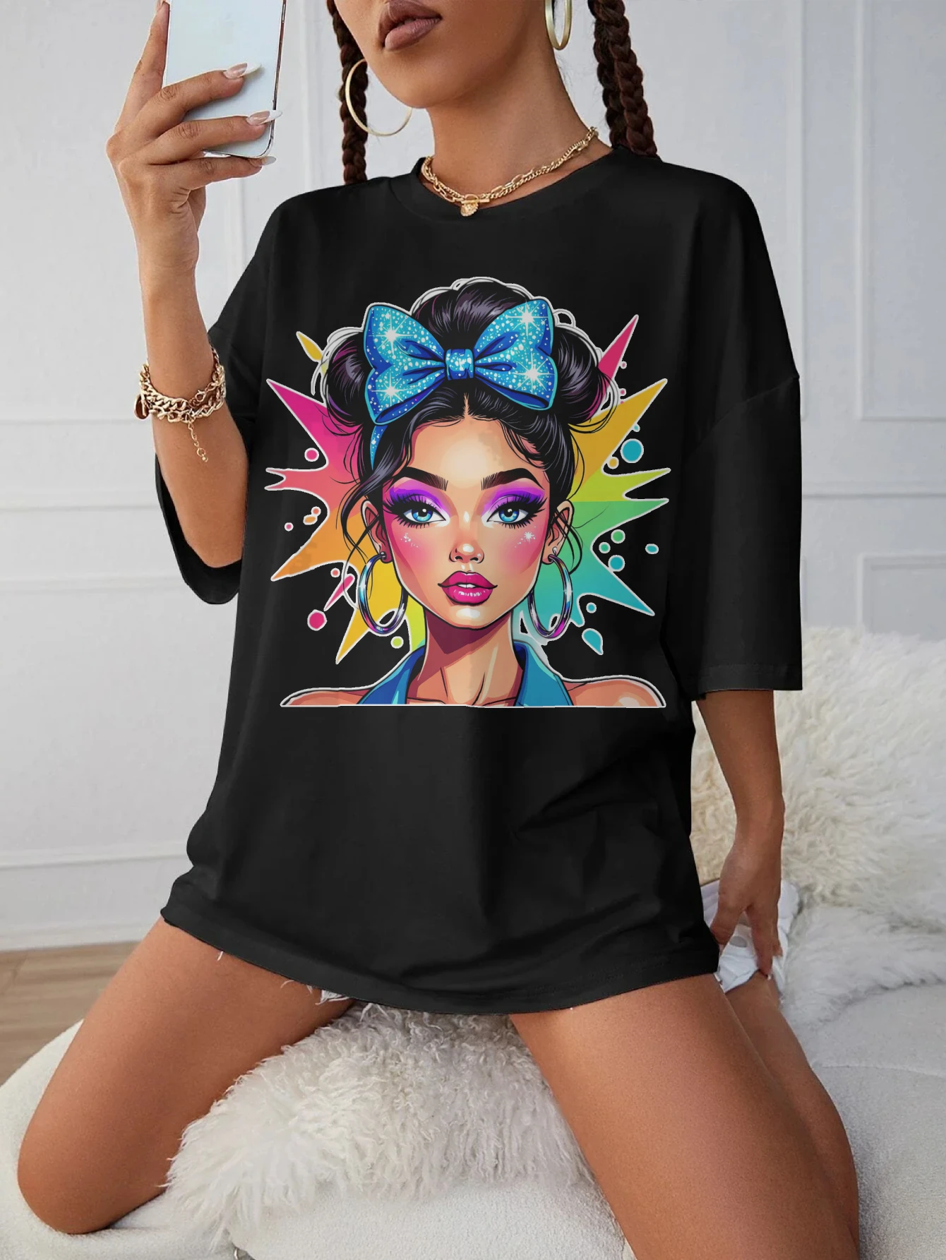 

Sparkle-Bow-Girl-Neon Maternity T-Shirt for Women Black Round Neck Loose Fit Comfortable for Late Pregnancy