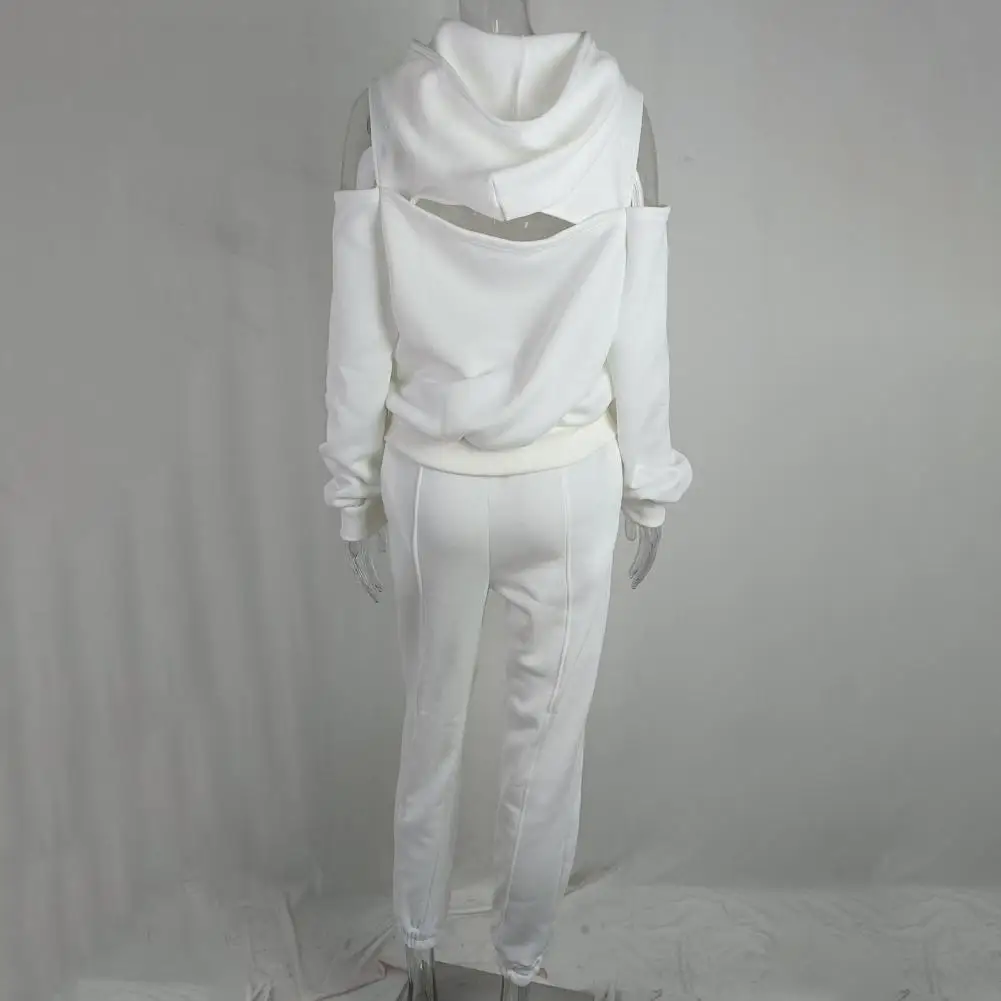 Conjunto sencillo de Color sólido, conjunto de chándal elegante de 2 piezas para mujer con jersey corto de manga larga, sudadera con capucha, pantalones para correr para mujer
