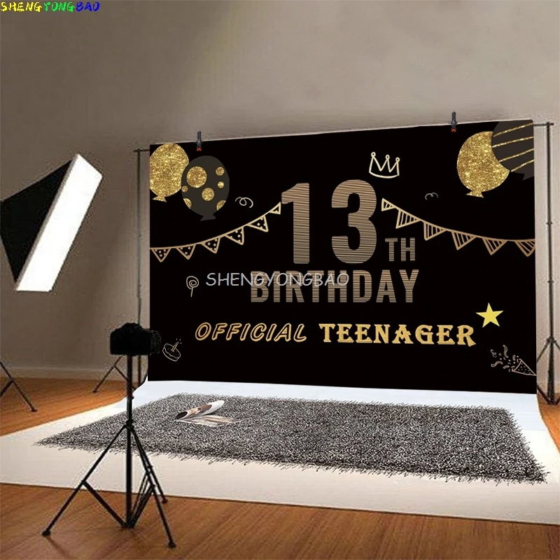 Or noir joyeux 13th anniversaire photographie décors ballon 13 ans juif garçon Bar Mitzvah Photo Studio fond DX-01