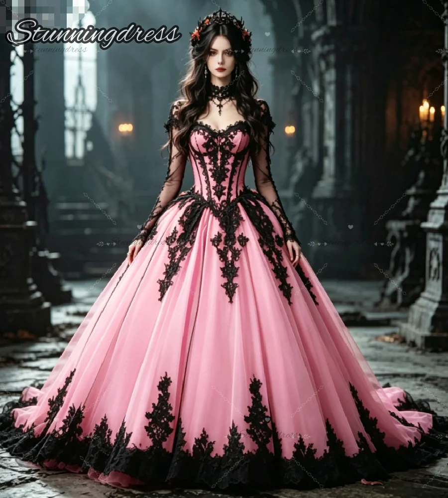 Dark Princess Pink Gothic Wedding Dress Ball Gown Long Sleeve Victorian Lace Bridal Dresses Enchanted Forest Bohemian Formal