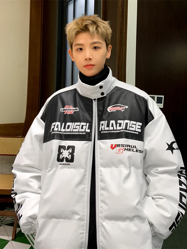 

American Sle Spliced PU Leather Motorcycle down Jaet Men's Thiened Bread Sle Coat Stand Collar Loose Cotton Outerwear